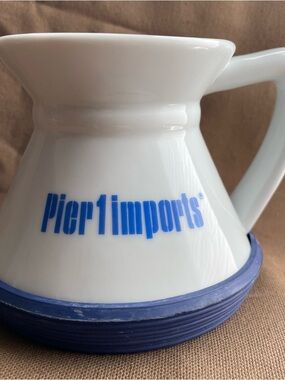 Pier 1 White Ceramic Coffee/Tea Unspillable mug with Blue Logo and Non Slip Base